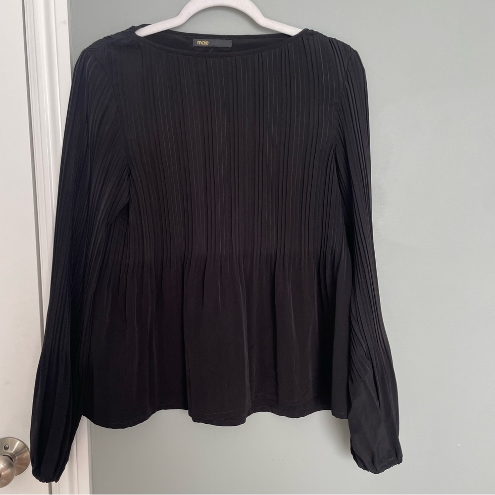 Maje "Lockin" Crepe Boat Neck Long Sleeve Black Pleated Blouse - Picture 3 of 15